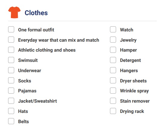 Clothing items for students to pack for college.