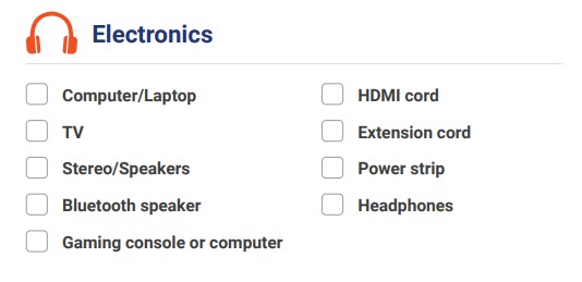 Electronics and other items for students to pack for college.