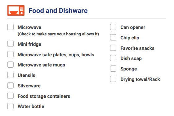 Food and dishware items for students to pack for college
