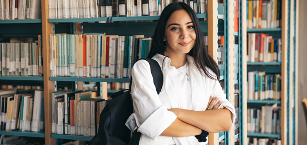 College student inside library.