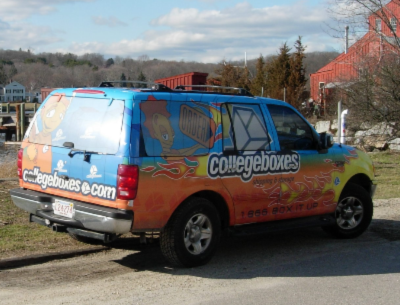 Van decked out in the Collegeboxes logo.