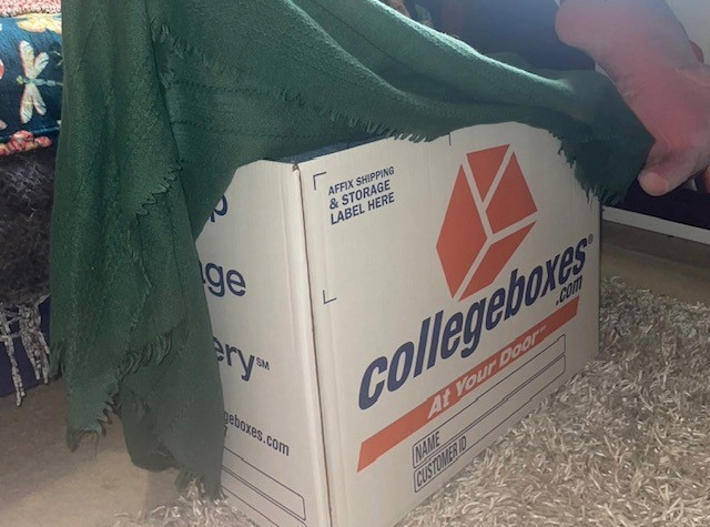 Lifting a green blanket to reveal a Collegeboxes Signature box.