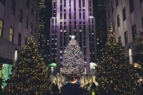 Three large christmas trees decorated with lights, standing as tall as a building.