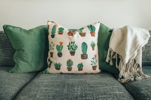Decorative pillows and a white blanket on a couch