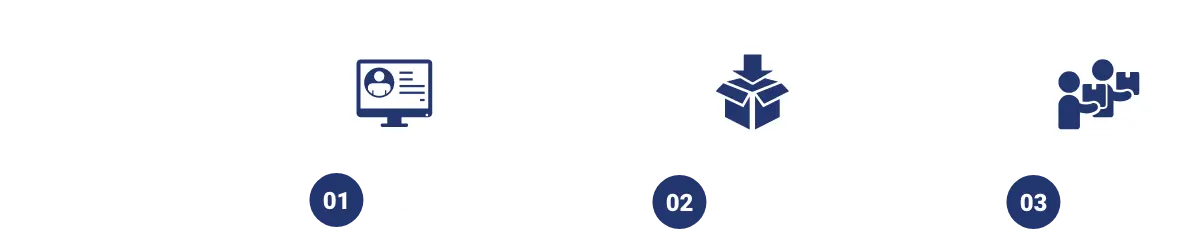 Infographic explaining how to get started in three steps. Step 1 is to sign up and pack. Step 2 is having us pick it up. Step 3 is having us deliver it.