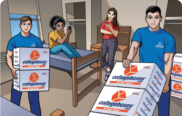 Illustration of two movers inside a dorm room